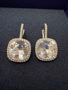Swarovski Cushion Cut Crystal Drop Earrings |  Silver Tone Pavé Halo